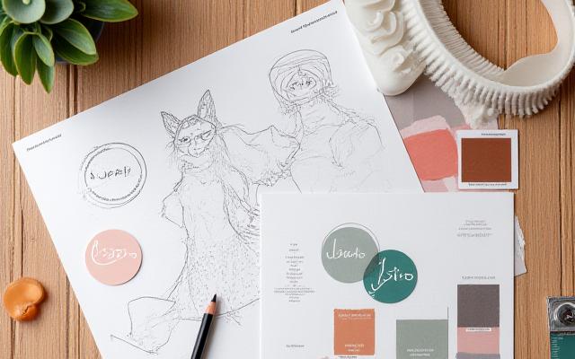 Skizzen und Farbpaletten für Textildesigns auf einem Zeichentisch